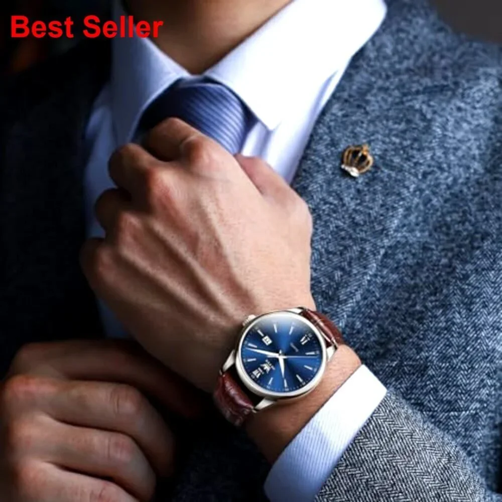 Stainless Steel Men's Watch with Leather Band, Waterproof, Date Display